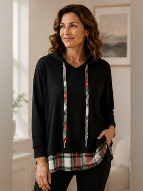 Karen Kane Contrast Hoodie Top Plaid Trim Black 1X